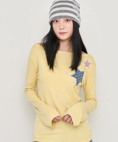 Check Two Star Applique Slim Long Sleeve Top