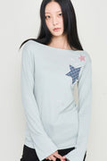 Check Two Star Applique Slim Long Sleeve Top