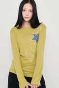 Check Two Star Applique Slim Long Sleeve Top