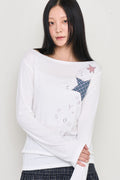 Check Two Star Applique Slim Long Sleeve Top