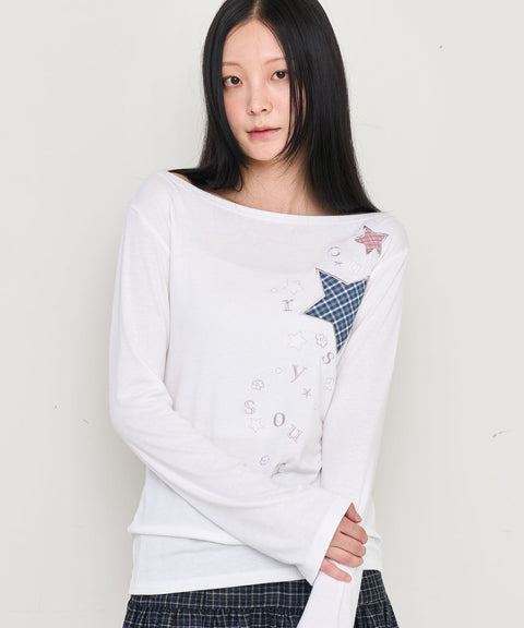 Check Two Star Applique Slim Long Sleeve Top