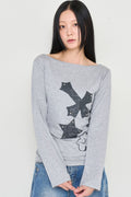 Cross Flower Stud Long Sleeve Top