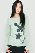 Cross Flower Stud Long Sleeve Top