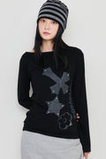 Cross Flower Stud Long Sleeve Top