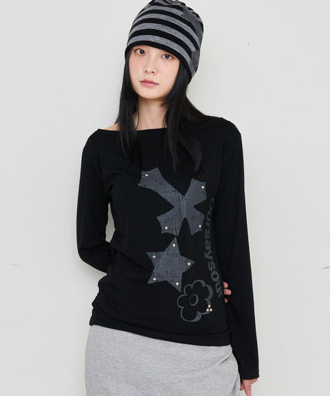 Cross Flower Stud Long Sleeve Top