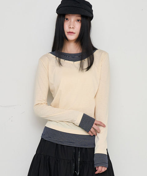 V-Neck Layered Stud Slim Long Sleeve Top