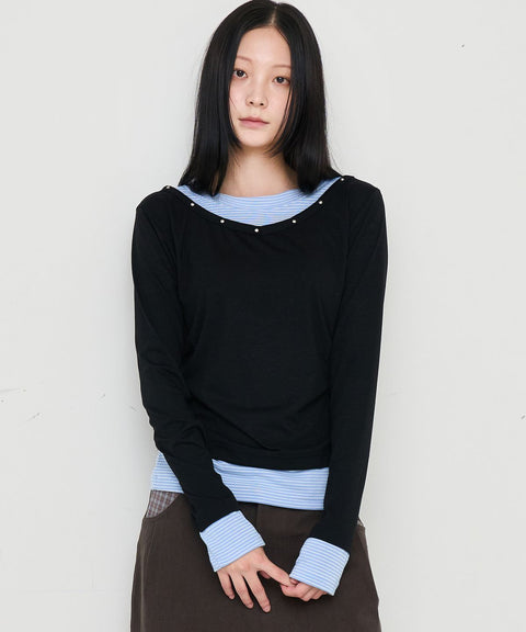 V-Neck Layered Stud Slim Long Sleeve Top