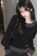 V-Neck Layered Stud Slim Long Sleeve Top