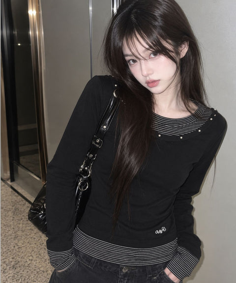 V-Neck Layered Stud Slim Long Sleeve Top