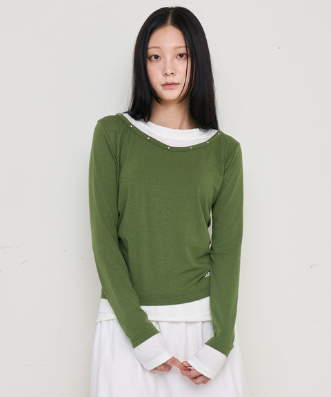 V-Neck Layered Stud Slim Long Sleeve Top