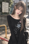 Check Two Star Applique Slim Long Sleeve Top