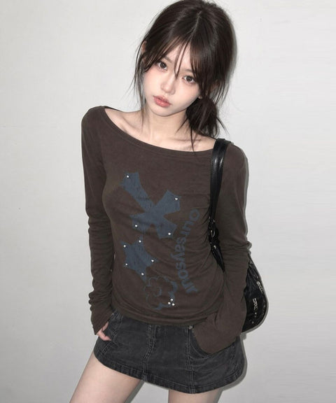 Cross Flower Stud Long Sleeve Top