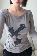 Cross Flower Stud Long Sleeve Top