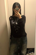 Check Two Star Applique Slim Long Sleeve Top