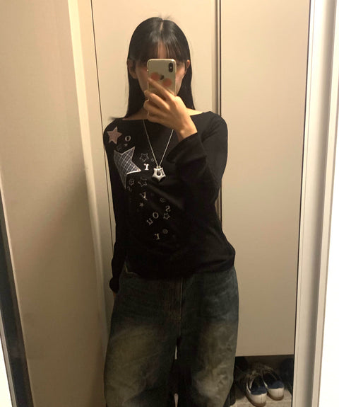 Check Two Star Applique Slim Long Sleeve Top