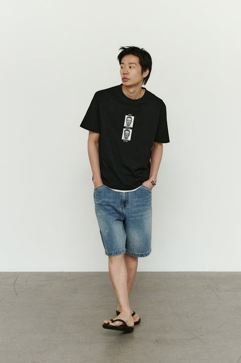 CHOWOO Aged Splatter Carpenter Denim Shorts - Blue