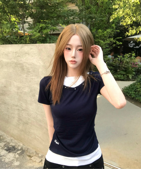 V-Neck Layered Stud Slim T-Shirt