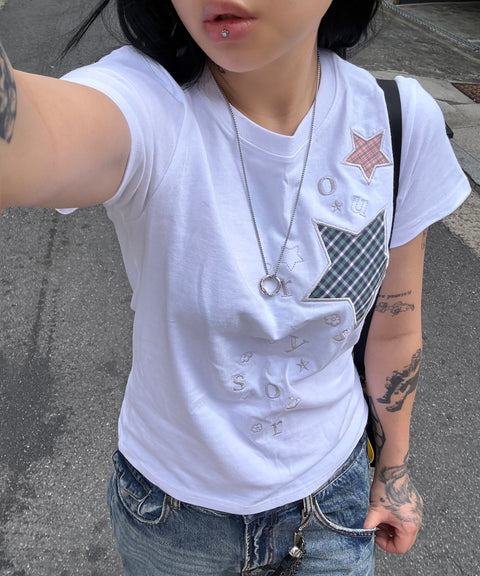 Check Two Star Applique T-Shirt