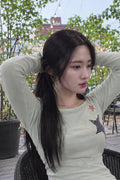 Check Two Star Applique Slim Long Sleeve Top