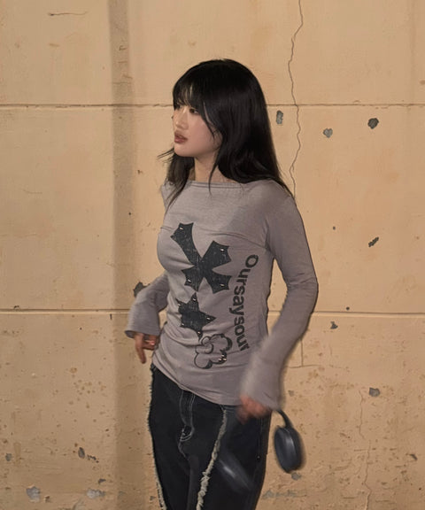 Cross Flower Stud Long Sleeve Top