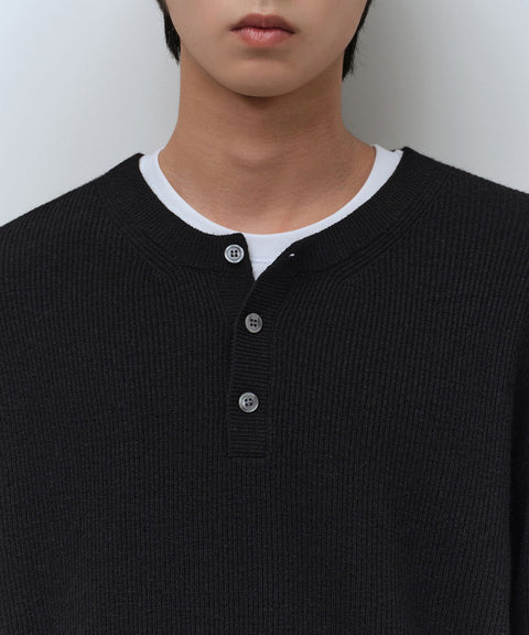 MUSINSA STANDARD_[Victoria Wool] Minimal Ribbed Henry Neck Knit [Black]