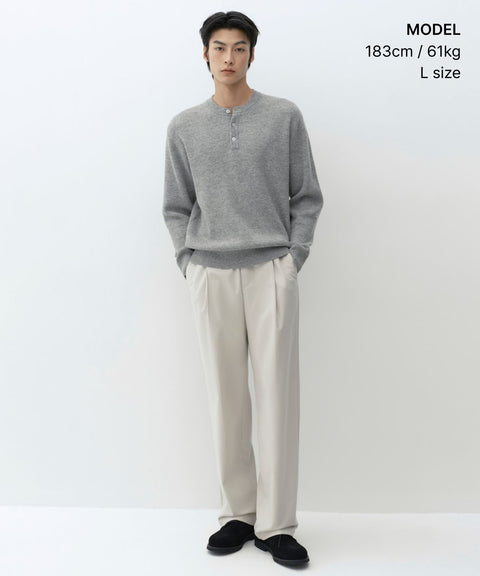 MUSINSA STANDARD_VICTORIA WOOL Minimal Ribbed Henley Neck Knit [Melange Light Gray]