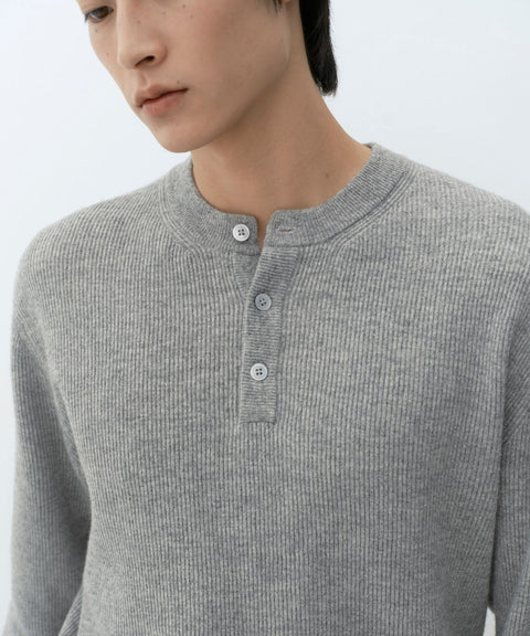 MUSINSA STANDARD_VICTORIA WOOL Minimal Ribbed Henley Neck Knit [Melange Light Gray]