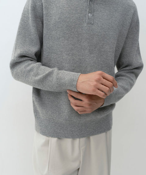 MUSINSA STANDARD_VICTORIA WOOL Minimal Ribbed Henley Neck Knit [Melange Light Gray]
