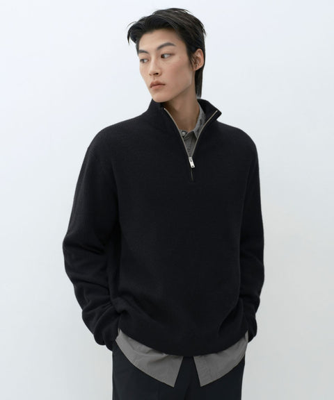 MUSINSA STANDARD_VICTORIA WOOL Minimal Ribbed Quarter-Zip Sweater [Black]