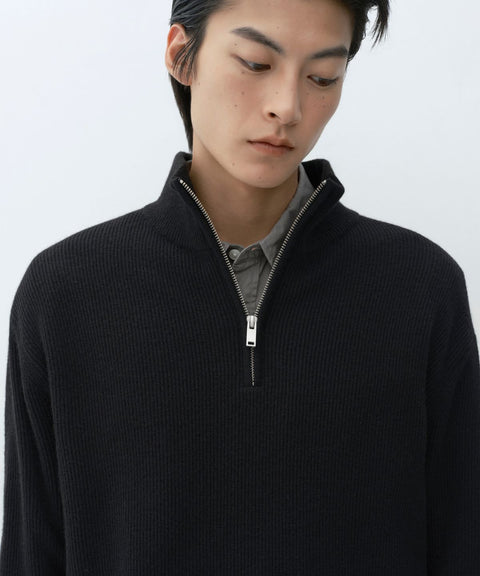 MUSINSA STANDARD_VICTORIA WOOL Minimal Ribbed Quarter-Zip Sweater [Black]