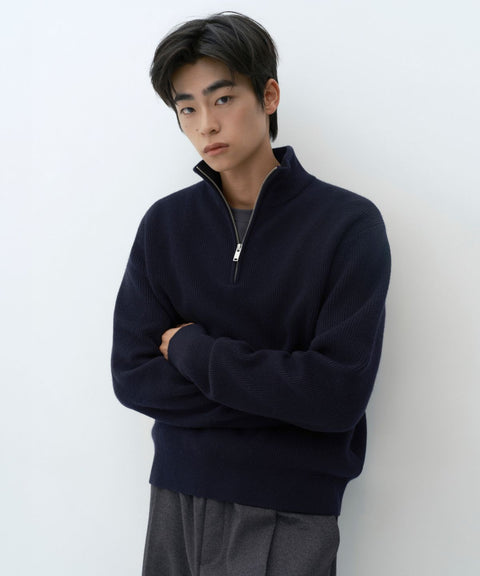 MUSINSA STANDARD_VICTORIA WOOL Minimal Ribbed Quarter-Zip Sweater [Navy]