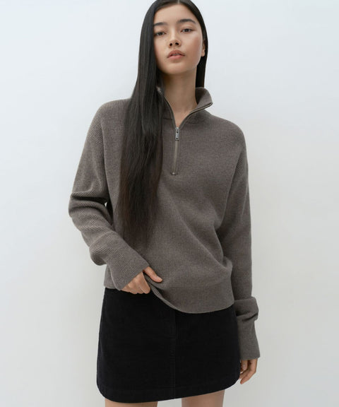 MUSINSA STANDARD WOMAN_VICTORIA WOOL Women's Minimal Ribbed Quarter-Zip Sweater Taupe