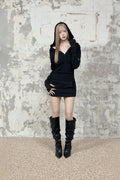 ETRE AU SOMMET_Hood Layer Shirring Mini One-Piece (Black)