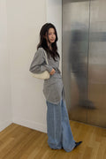URAGO_Washable V-Neck Knit Shawl Set in Melange Gray