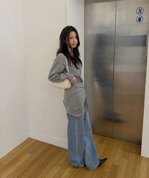 URAGO_Washable V-Neck Knit Shawl Set in Melange Gray