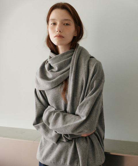 URAGO_Washable V-Neck Knit Shawl Set in Melange Gray