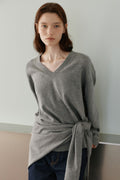 URAGO_Washable V-Neck Knit Shawl Set in Melange Gray
