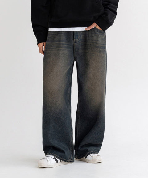 LEMAIN SECOND_[Fleece-lined] Vintage Cat-Wash Wide Denim Pants [Yellow Wash]