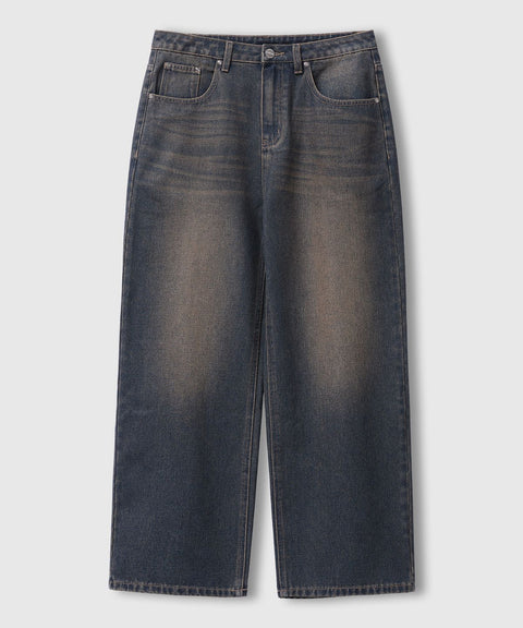 LEMAIN SECOND_[Fleece-lined] Vintage Cat-Wash Wide Denim Pants [Yellow Wash]