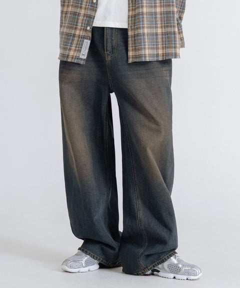 LEMAIN SECOND_[Fleece-lined] Vintage Cat-Wash Wide Denim Pants [Yellow Wash]