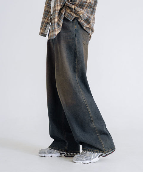 LEMAIN SECOND_[Fleece-lined] Vintage Cat-Wash Wide Denim Pants [Yellow Wash]