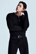 [Victoria Wool] Minimal Ribbed Henry Neck Knit [Black]