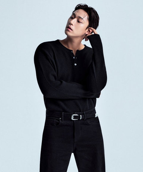 [Victoria Wool] Minimal Ribbed Henry Neck Knit [Black]