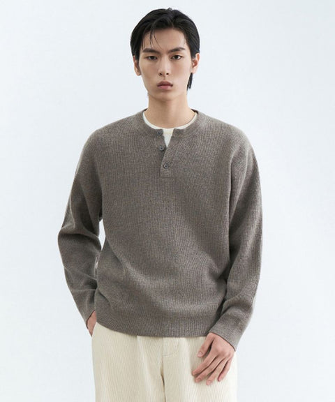 [Victoria Wool] Minimal Ribbed Henry Neck Knit [Taupe]