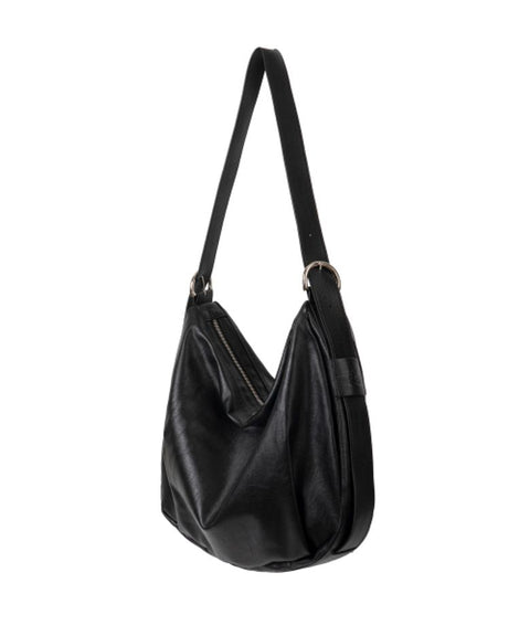 Slot Belted Leather Hobo Crossbody Bag [Black]