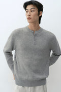 VICTORIA WOOL Minimal Ribbed Henley Neck Knit [Melange Light Gray]