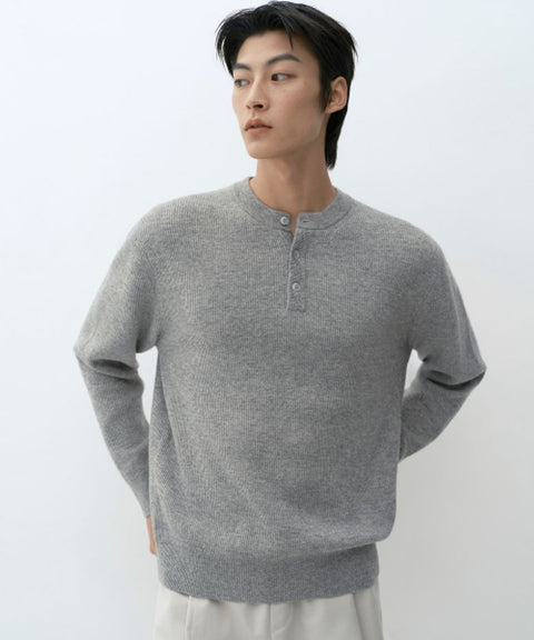 VICTORIA WOOL Minimal Ribbed Henley Neck Knit [Melange Light Gray]