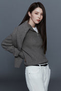 VICTORIA WOOL Women's Minimal Ribbed Quarter-Zip Sweater Taupe