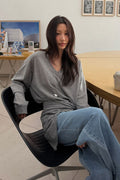 Washable V-Neck Knit Shawl Set in Melange Gray