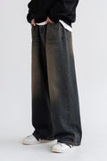 [Fleece-lined] Vintage Cat-Wash Wide Denim Pants [Yellow Wash]